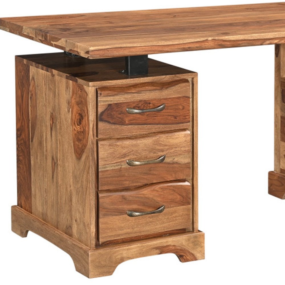 68" Brown Live Edge Solid Wood Writing Desk With Four Drawers