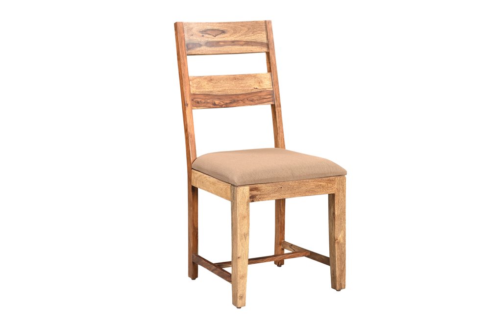 Set of Two Brown Fabric And Wood Ladder Back Dining Side Chairs