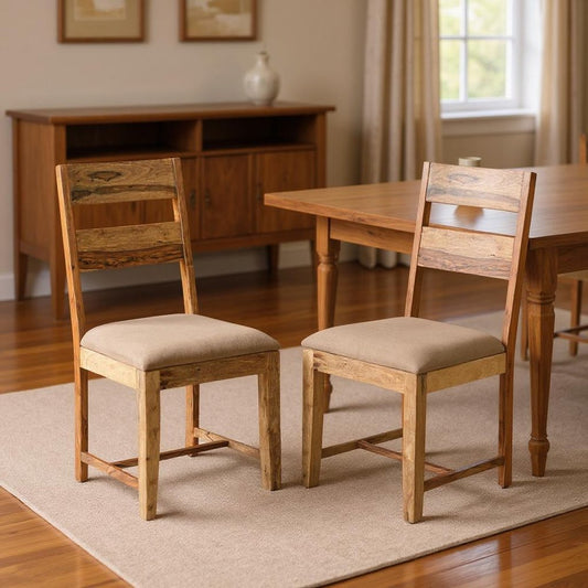 Set of Two Brown Fabric And Wood Ladder Back Dining Side Chairs