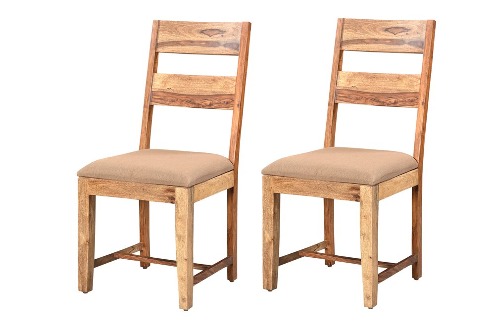 Set of Two Brown Fabric And Wood Ladder Back Dining Side Chairs