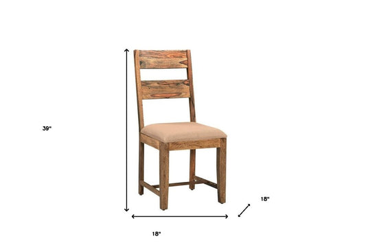 Set of Two Brown Fabric And Wood Ladder Back Dining Side Chairs