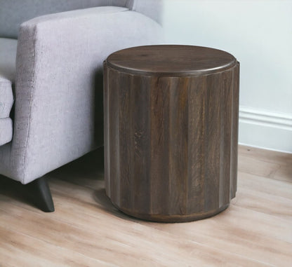 23" Brown Distressed Solid Wood Round Scalloped Drum End Table