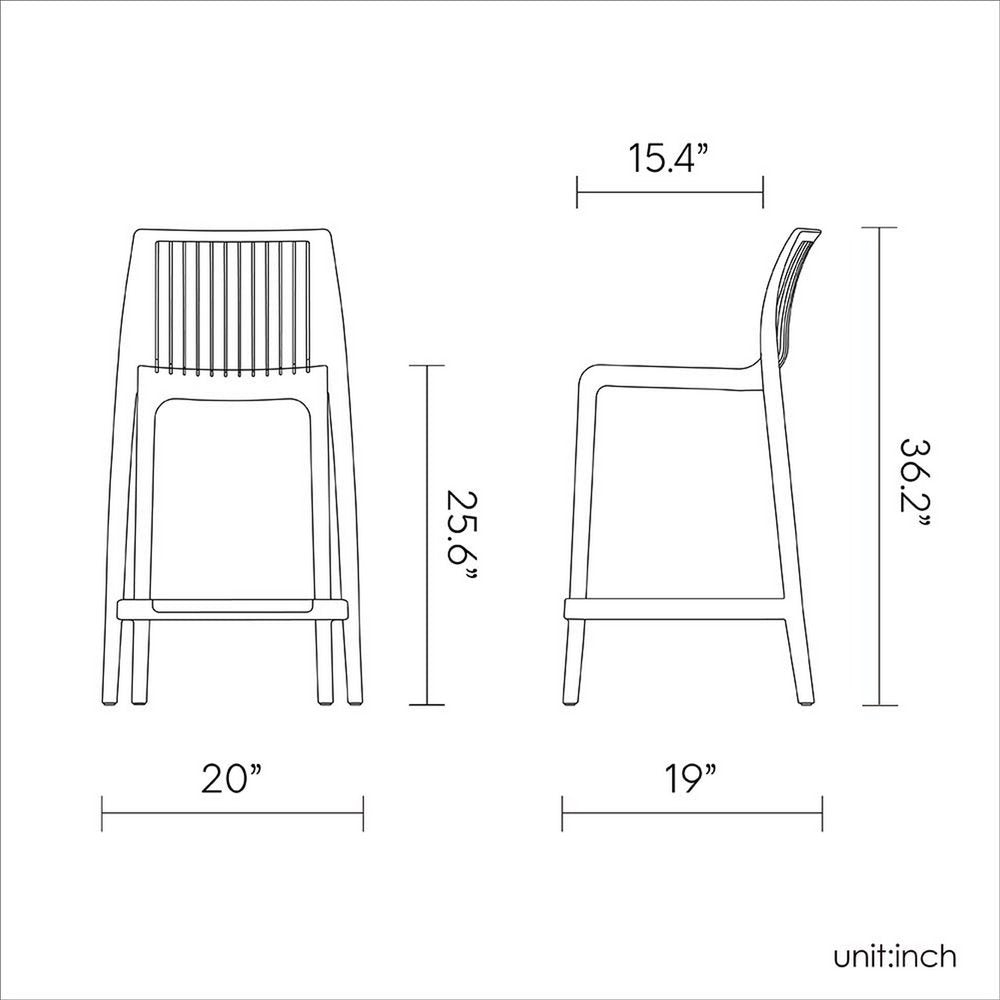 Juego de cuatro sillas de bar para exteriores de 26" de plástico resistente, color amarillo, con respaldo bajo y altura de mostrador