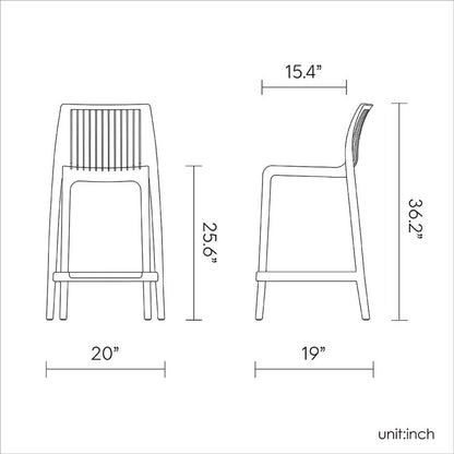 Juego de cuatro sillas de bar para exteriores de 26" de plástico resistente, color amarillo, con respaldo bajo y altura de mostrador