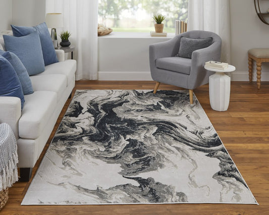 9' X 12' Ivory Black and Taupe Abstract Power Loom Area Rug