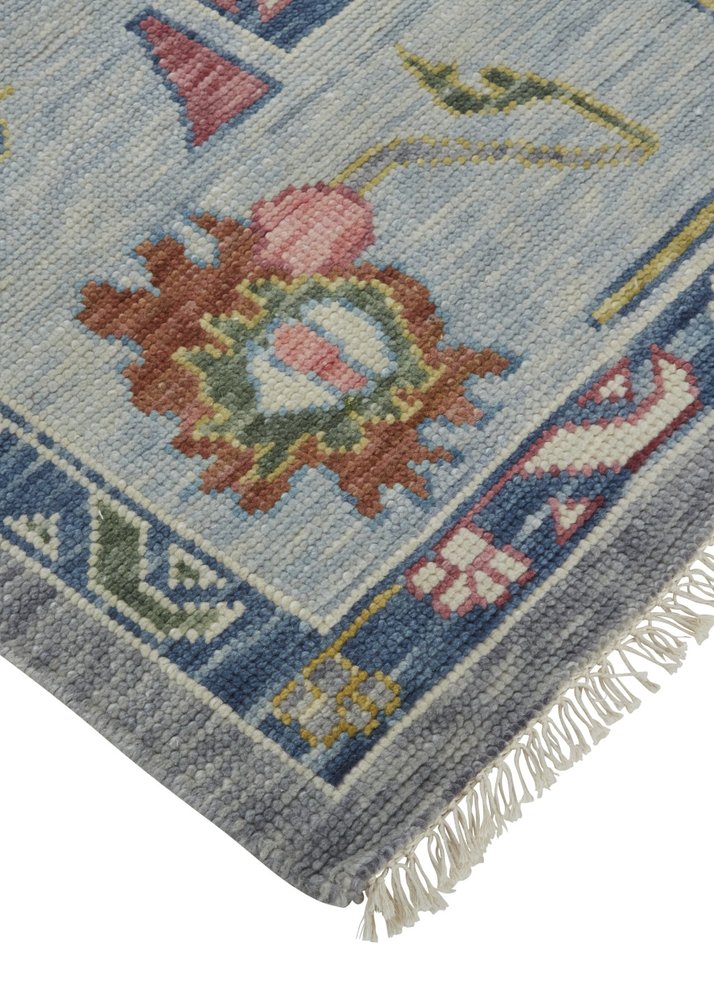 9' X 13' Gray Blue and Red Wool Oriental Hand Knotted Area Rug With Fringe