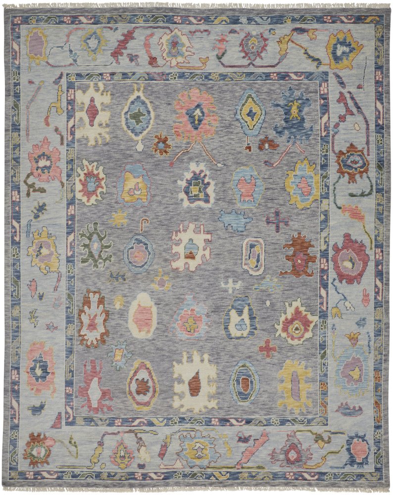 9' X 13' Gray Blue and Red Wool Oriental Hand Knotted Area Rug With Fringe