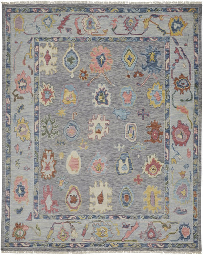 9' X 13' Gray Blue and Red Wool Oriental Hand Knotted Area Rug With Fringe