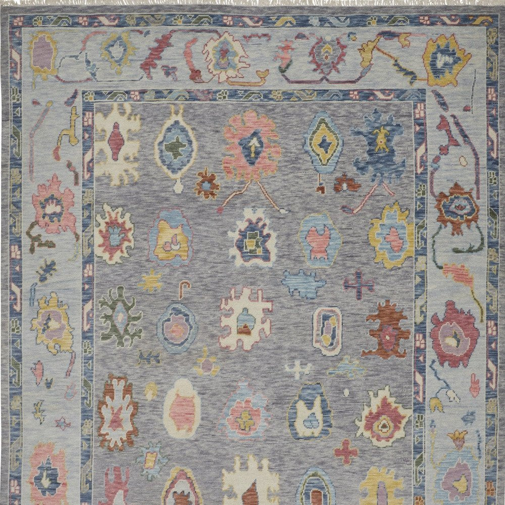 9' X 13' Gray Blue and Red Wool Oriental Hand Knotted Area Rug With Fringe