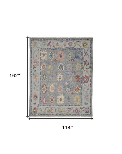 9' X 13' Gray Blue and Red Wool Oriental Hand Knotted Area Rug With Fringe