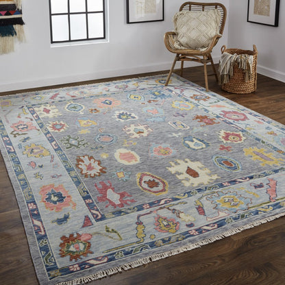 9' X 13' Gray Blue and Red Wool Oriental Hand Knotted Area Rug With Fringe