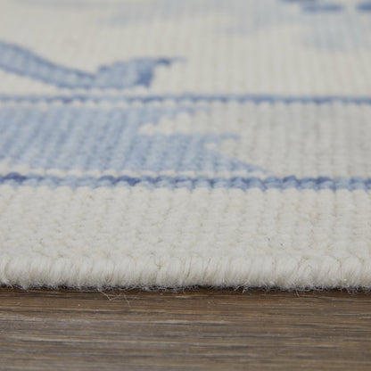 9' X 13' Ivory and Blue Wool Floral Hand Knotted Area Rug With Fringe