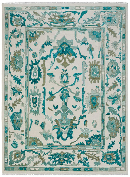 9' X 13' Green and Ivory Wool Floral Hand Knotted Area Rug With Fringe