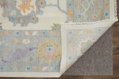 9' X 13' Gray Ivory and Orange Wool Floral Hand Knotted Area Rug With Fringe