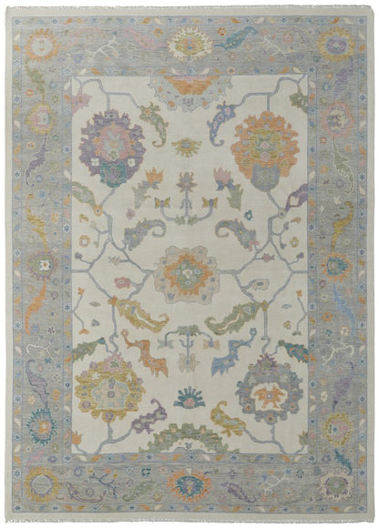9' X 13' Gray Ivory and Orange Wool Floral Hand Knotted Area Rug With Fringe