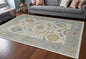 9' X 13' Gray Ivory and Orange Wool Floral Hand Knotted Area Rug With Fringe
