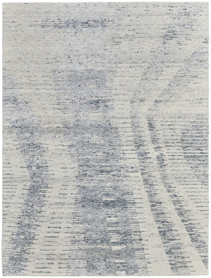 9' X 13' Ivory Gray and Blue Abstract Hand Knotted Worn Faded Area Rug