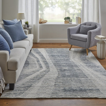 9' X 13' Ivory Gray and Blue Abstract Hand Knotted Worn Faded Area Rug