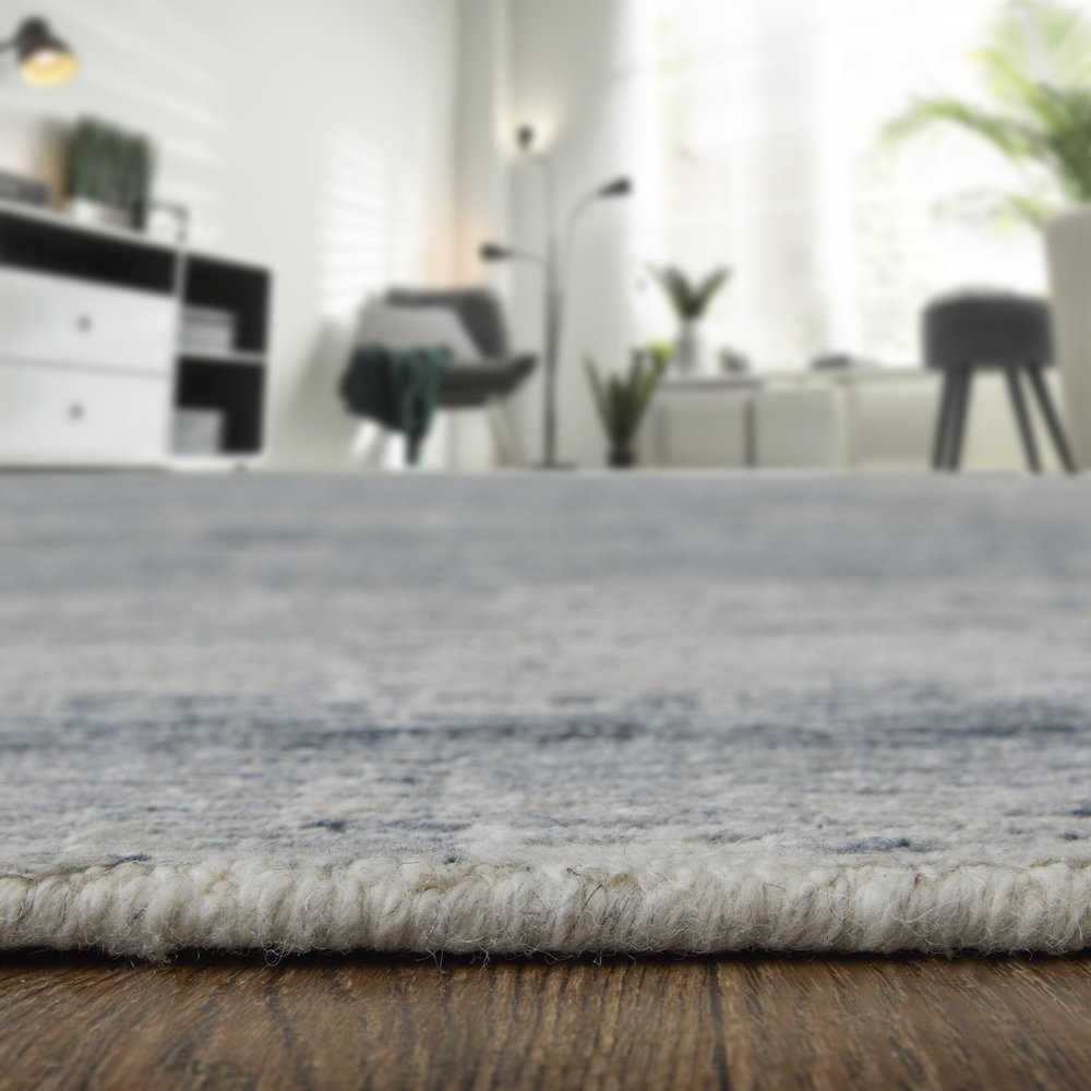 9' X 13' Ivory Gray and Blue Abstract Hand Knotted Worn Faded Area Rug