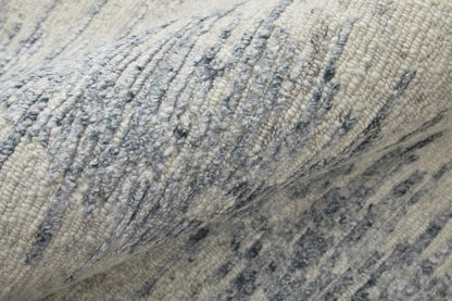 9' X 13' Ivory Gray and Blue Abstract Hand Knotted Worn Faded Area Rug