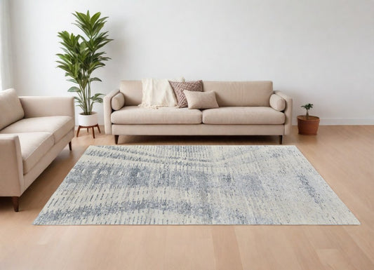 9' X 13' Ivory Gray and Blue Abstract Hand Knotted Worn Faded Area Rug
