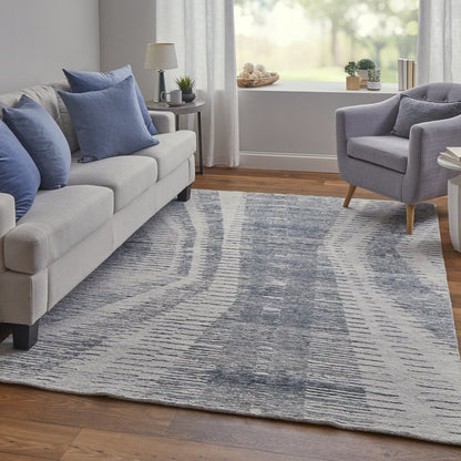 9' X 13' Ivory Gray and Blue Abstract Hand Knotted Worn Faded Area Rug