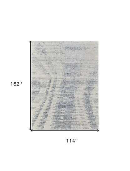 9' X 13' Ivory Gray and Blue Abstract Hand Knotted Worn Faded Area Rug