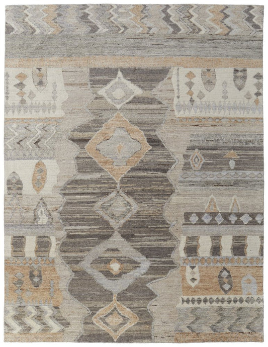 9' X 13' Ivory Gray and Orange Wool Moroccan Hand Knotted Area Rug