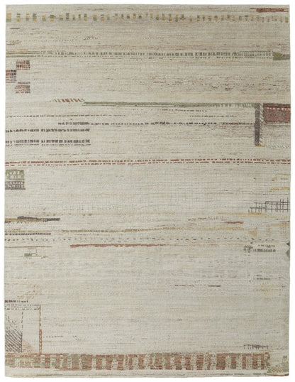 9' X 13' Gray Tan and Green Wool Abstract Hand Knotted Area Rug