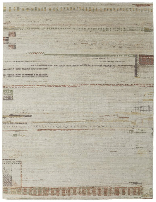 9' X 13' Gray Tan and Green Wool Abstract Hand Knotted Area Rug