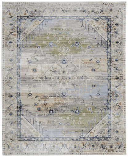 9' X 13' Ivory Green and Blue Abstract Power Loom Worn Faded Area Rug