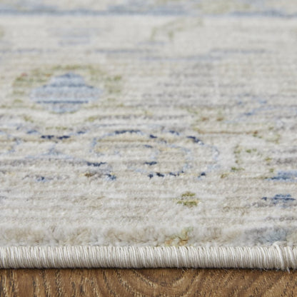 9' X 13' Ivory Green and Blue Abstract Power Loom Worn Faded Area Rug