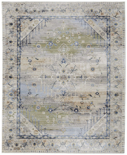 9' X 13' Ivory Green and Blue Abstract Power Loom Worn Faded Area Rug