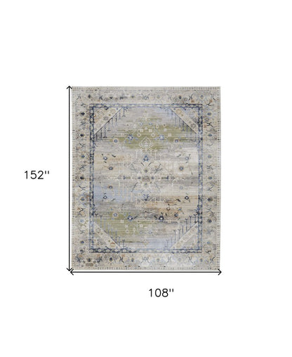 9' X 13' Ivory Green and Blue Abstract Power Loom Worn Faded Area Rug