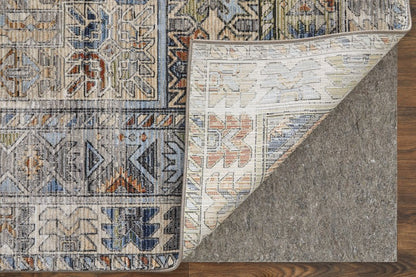 9' X 13' Gray Blue and Red Abstract Power Loom Worn Faded Area Rug