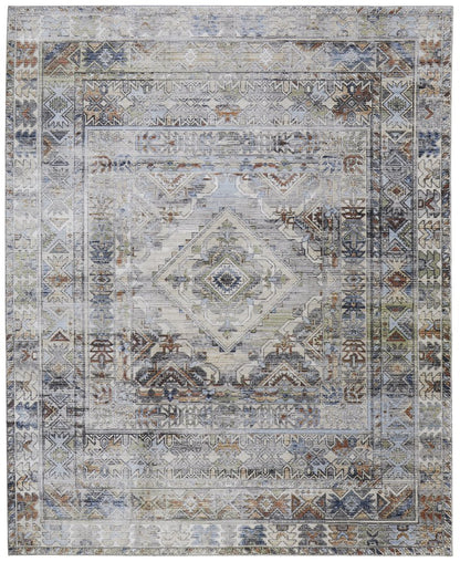 9' X 13' Gray Blue and Red Abstract Power Loom Worn Faded Area Rug