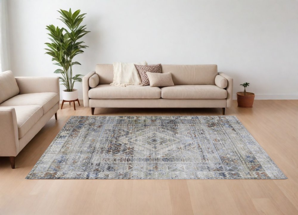 9' X 13' Gray Blue and Red Abstract Power Loom Worn Faded Area Rug