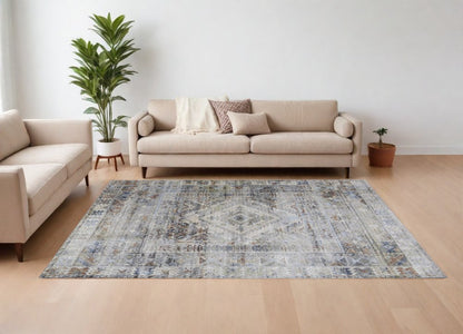 9' X 13' Gray Blue and Red Abstract Power Loom Worn Faded Area Rug