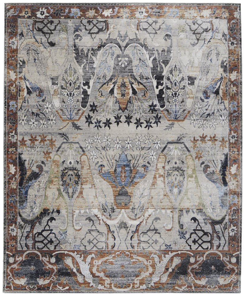 9' X 13' Gray Black and Red Ikat Power Loom Area Rug