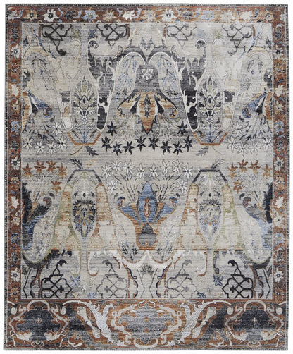 9' X 13' Gray Black and Red Ikat Power Loom Area Rug