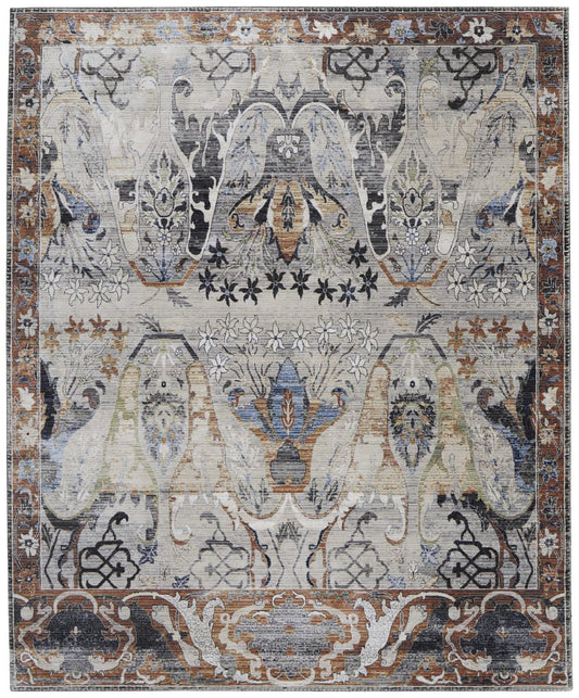 9' X 13' Gray Black and Red Ikat Power Loom Area Rug