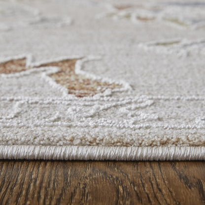 9' X 13' Ivory Blue and Gold Floral Power Loom Worn Faded Area Rug With Fringe
