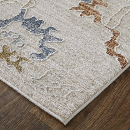 9' X 13' Ivory Blue and Gold Floral Power Loom Worn Faded Area Rug With Fringe