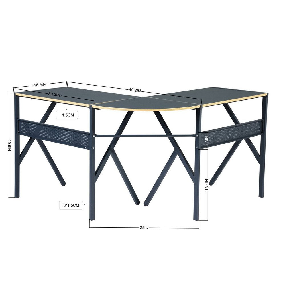 49" Black Wood and Metal Corner H-Shape Computer Desk