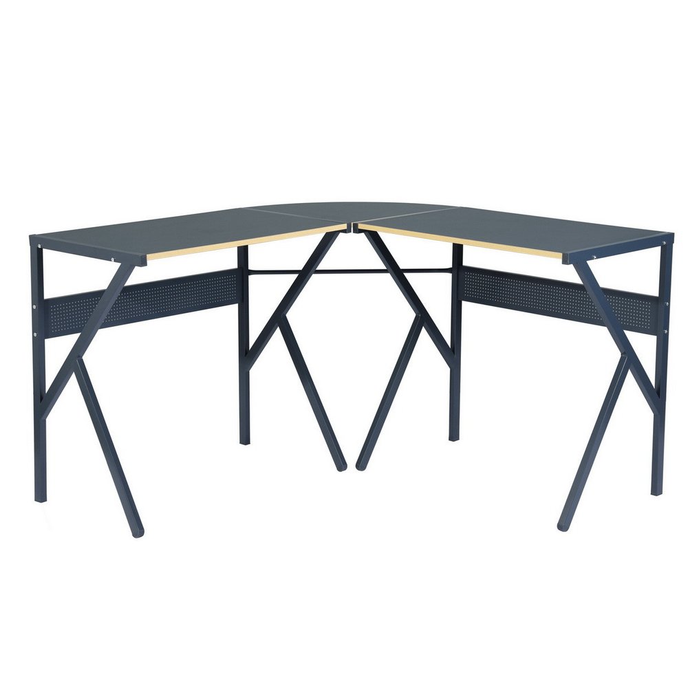 49" Black Wood and Metal Corner H-Shape Computer Desk