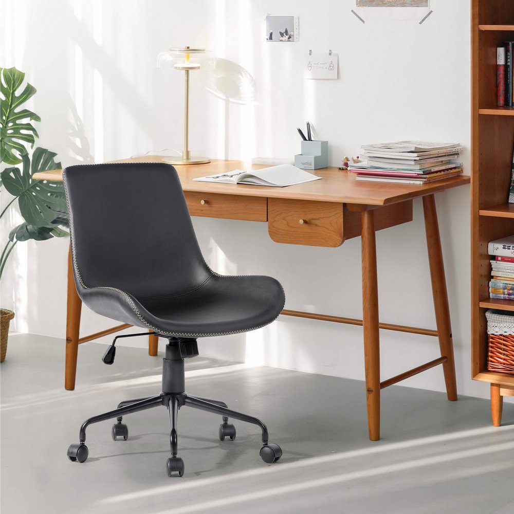 Black Upholstered Faux Leather and Steel Adjustable Swivel Rolling Office Chair