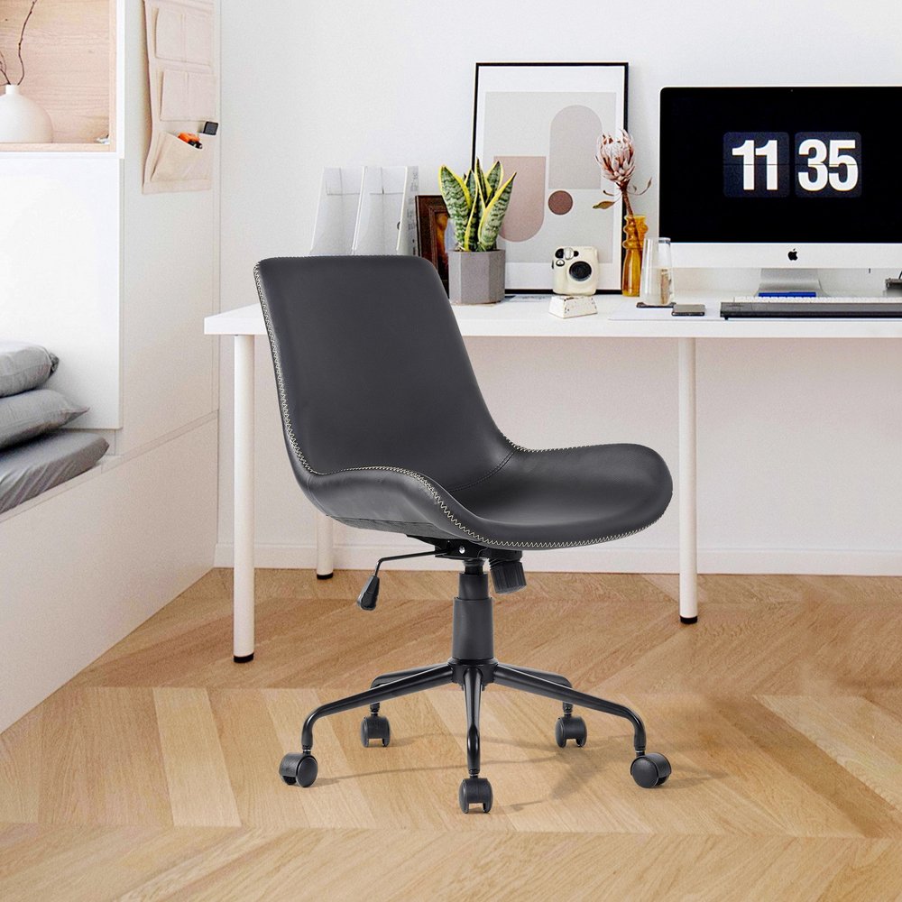 Black Upholstered Faux Leather and Steel Adjustable Swivel Rolling Office Chair