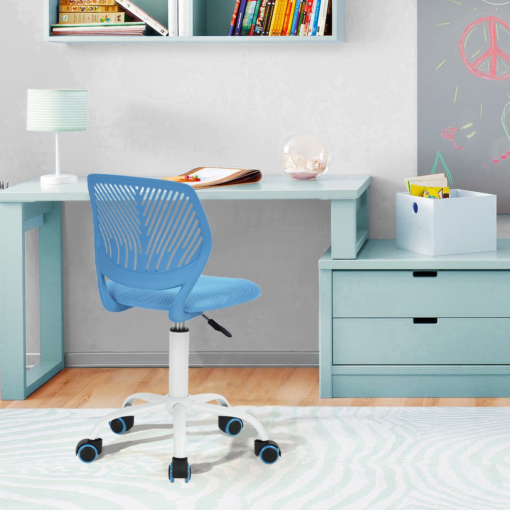 Silla de oficina giratoria con ruedas y altura ajustable en azul cian y blanco