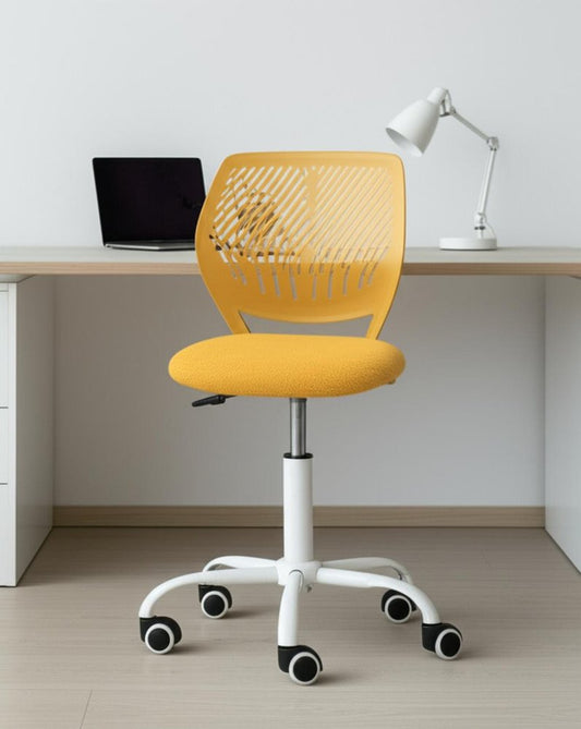 Yellow and White Adjustable Height Swivel Rolling Office Chair