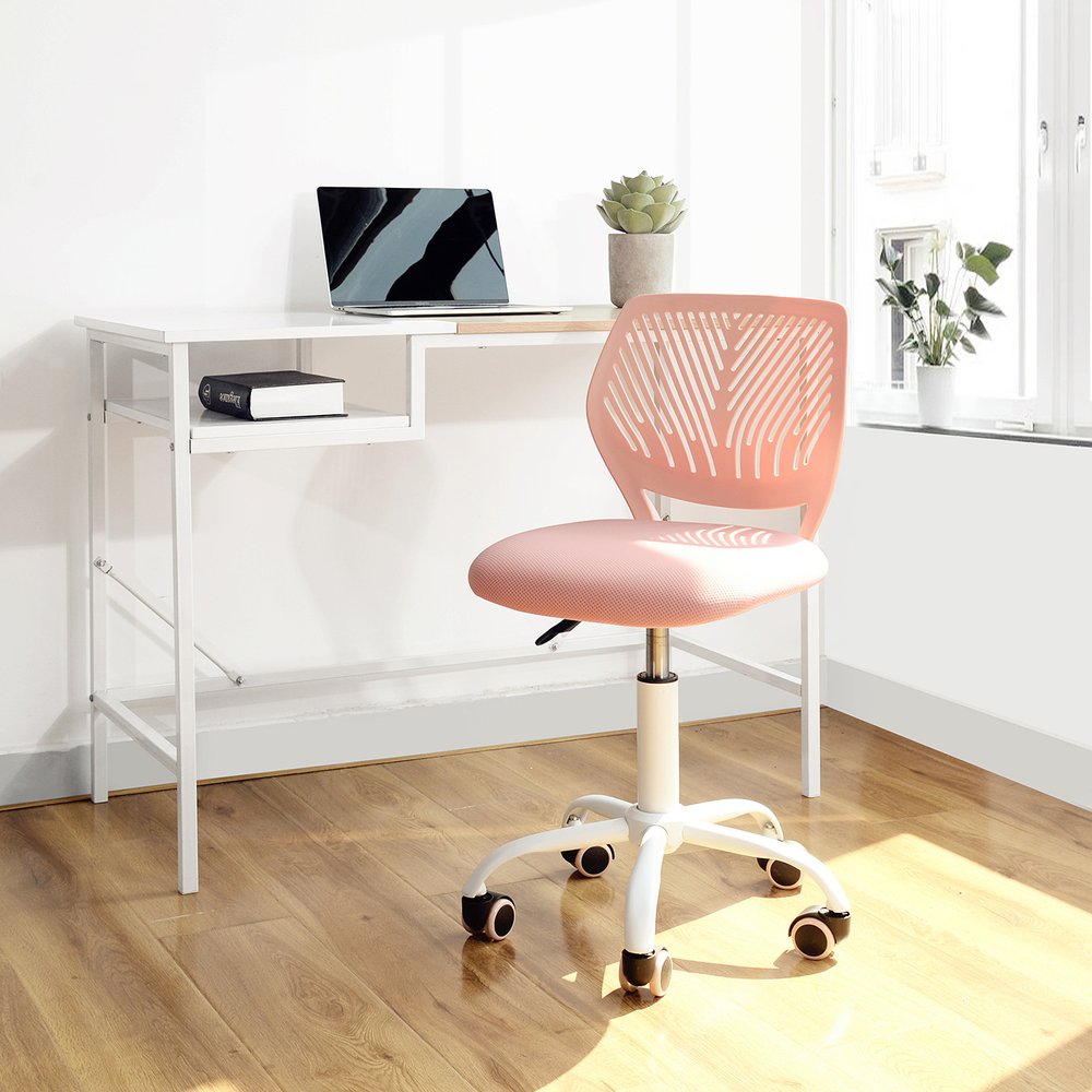 Silla de oficina giratoria con ruedas y altura ajustable en azul cian y blanco